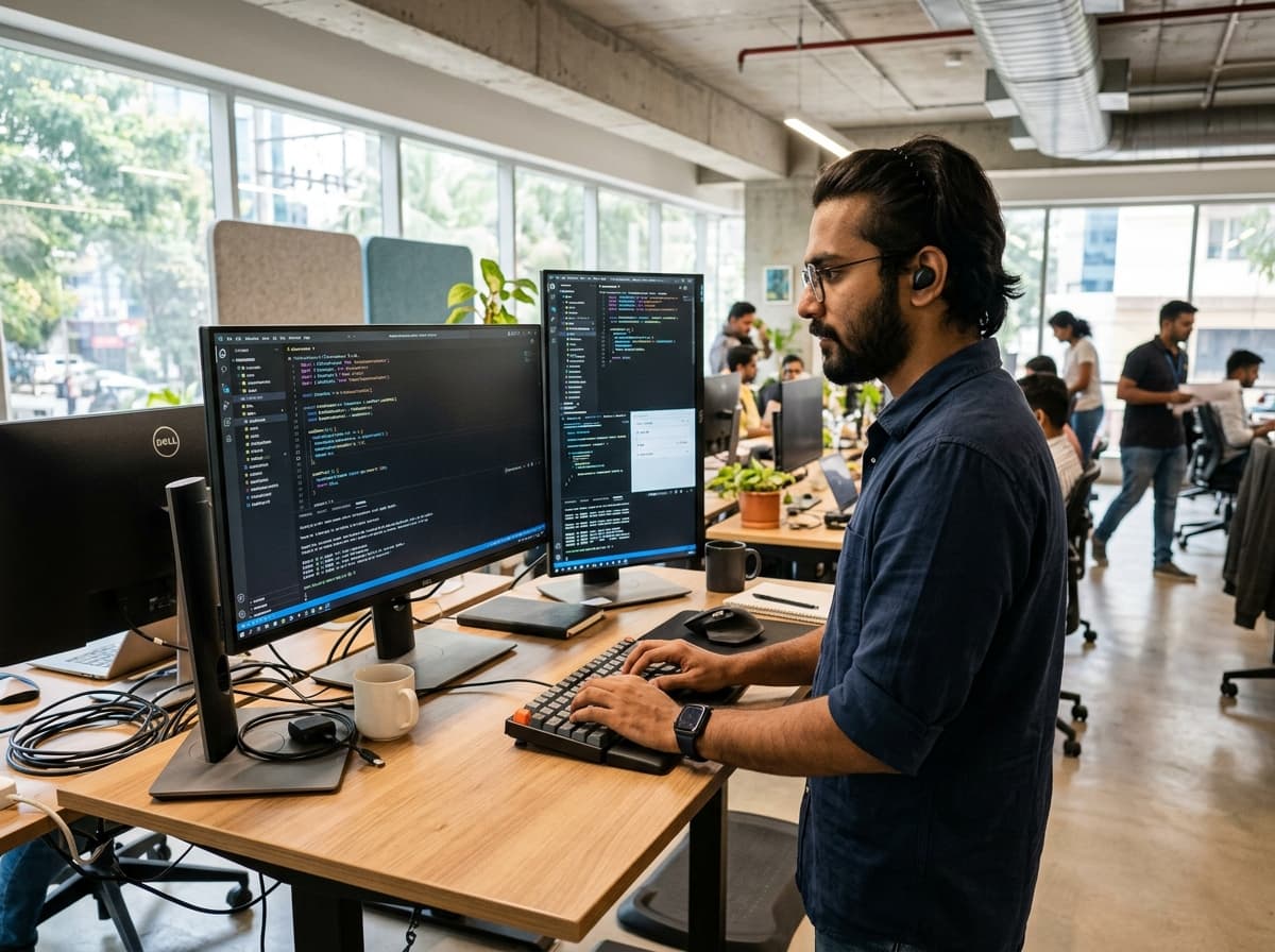 Varendra Technologies developer working on code at a modern desk